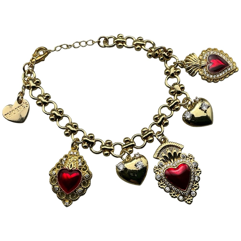 Phoebes Gold Tone Sacred Heart Charm Bracelet Red Enamel Rhinestone 7.5-9.5 In